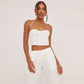 Halterneck Frill Bust Broderie Corset Top In White