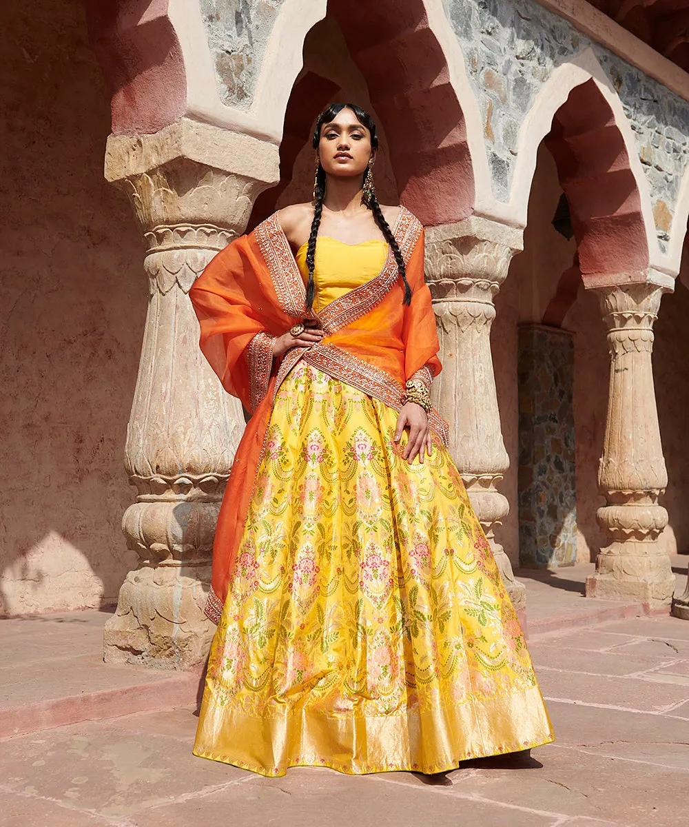 Handloom Yellow Pure Katan Silk Meenakari Banarasi Lehenga with Corset Blouse and Organza Dupatta