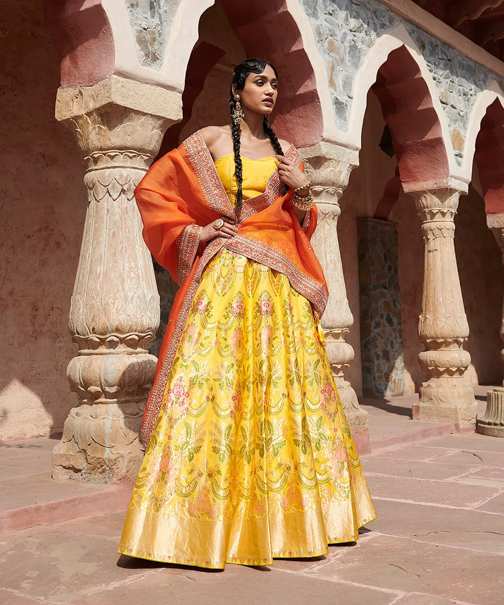 Handloom Yellow Pure Katan Silk Meenakari Banarasi Lehenga with Corset Blouse and Organza Dupatta