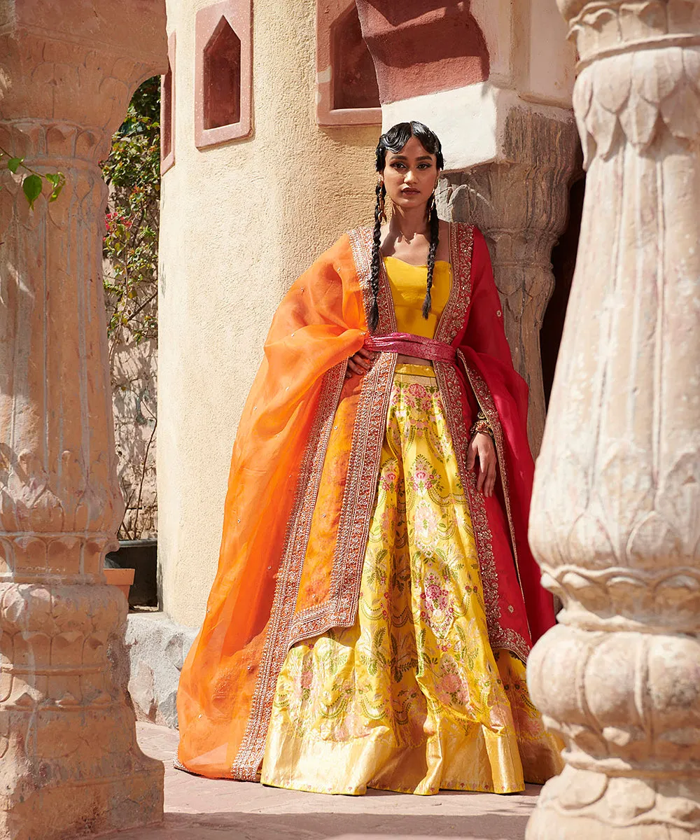 Handloom Yellow Pure Katan Silk Meenakari Banarasi Lehenga with Corset Blouse and Organza Dupatta