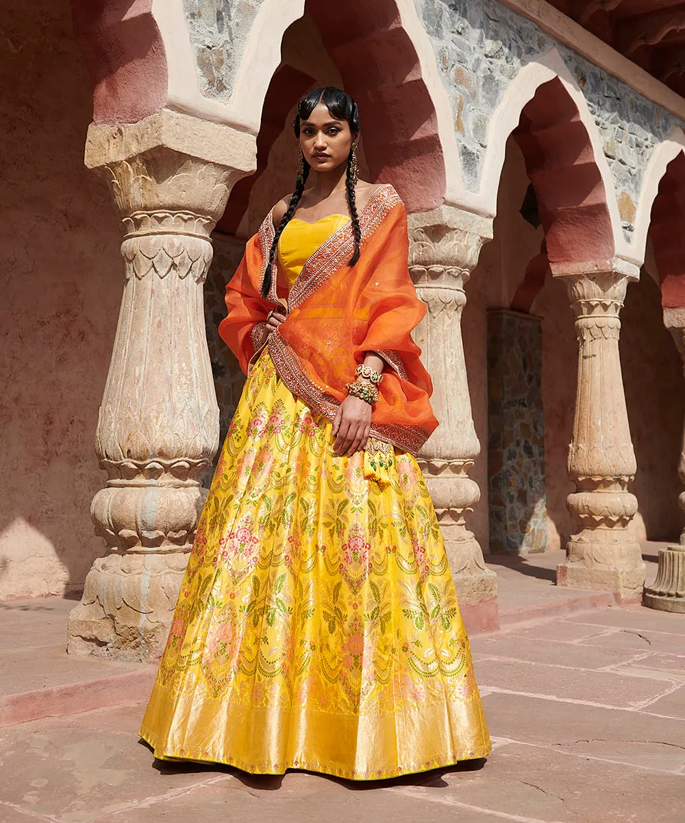 Handloom Yellow Pure Katan Silk Meenakari Banarasi Lehenga with Corset Blouse and Organza Dupatta