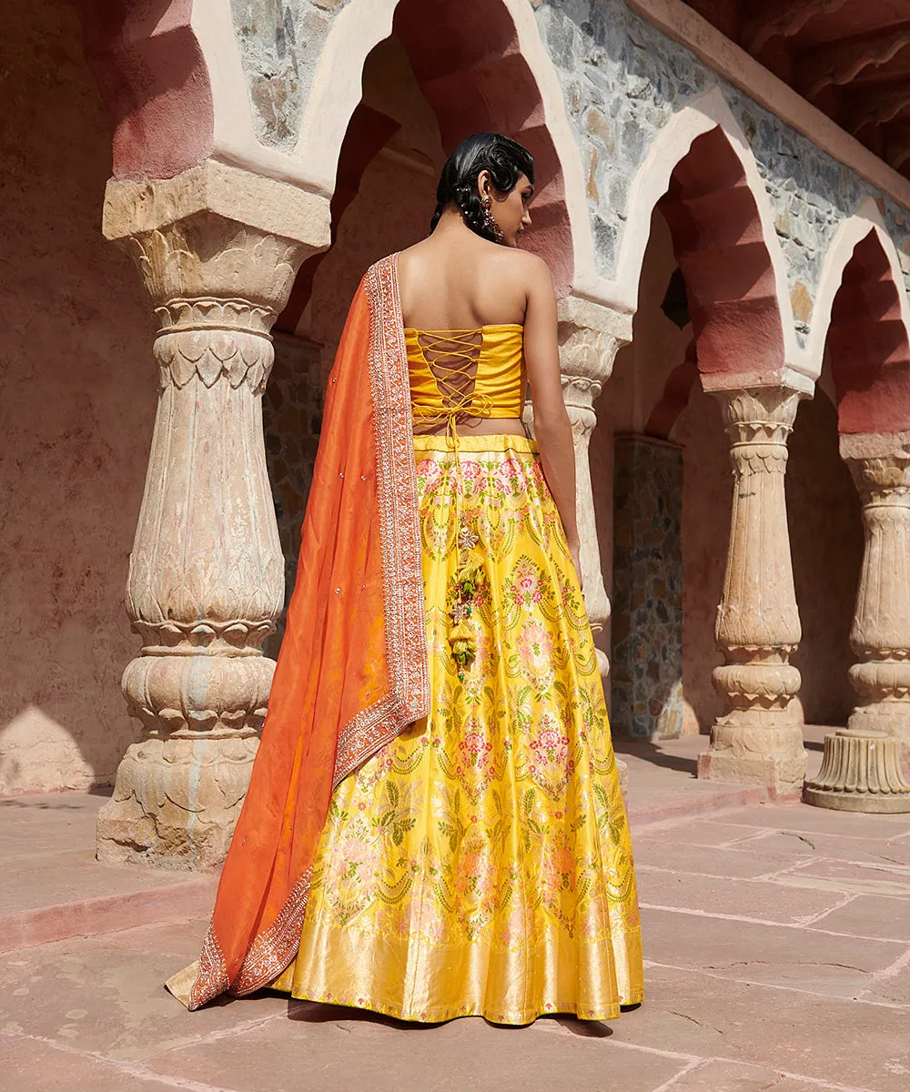 Handloom Yellow Pure Katan Silk Meenakari Banarasi Lehenga with Corset Blouse and Organza Dupatta