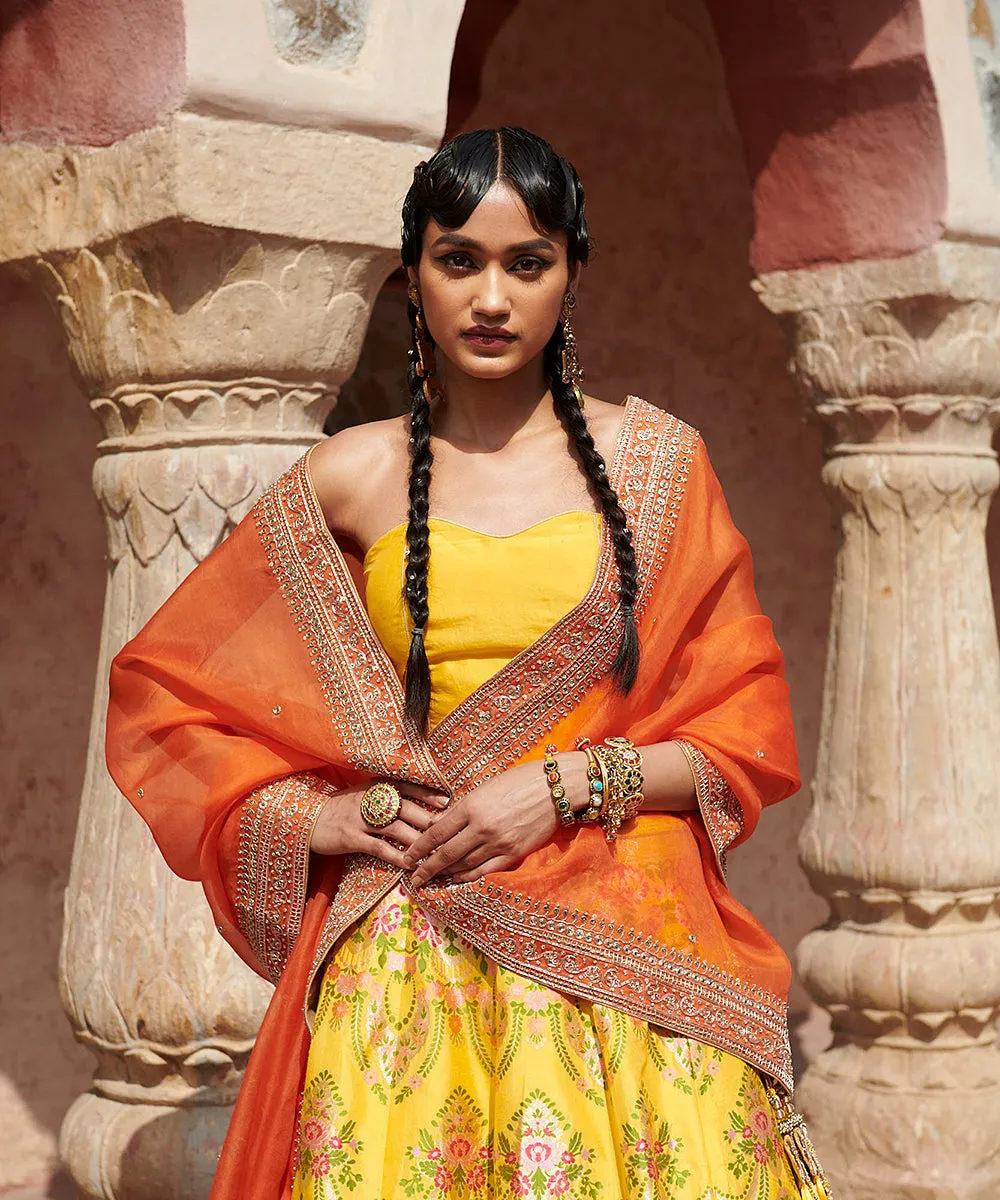 Handloom Yellow Pure Katan Silk Meenakari Banarasi Lehenga with Corset Blouse and Organza Dupatta