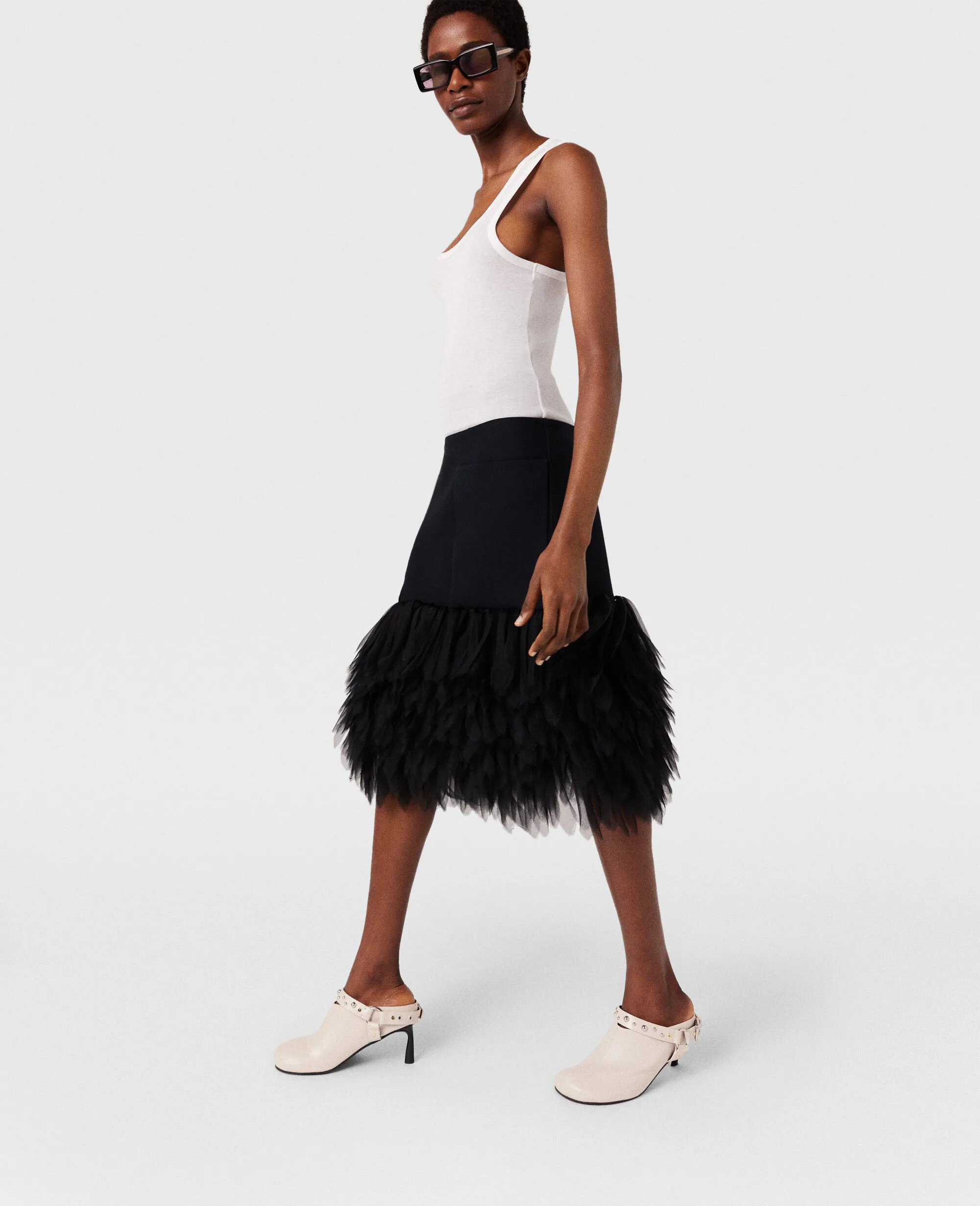 High-Rise Feather Midi Skirt