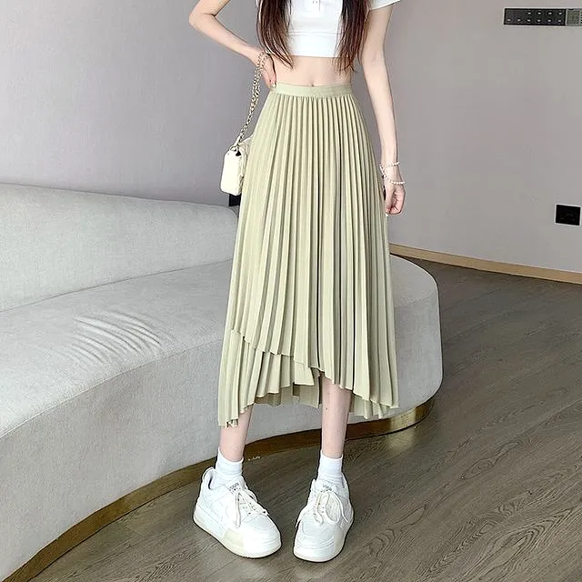 High Waist Irregular Accordion Pleated Midi A-Line Skirt EE22