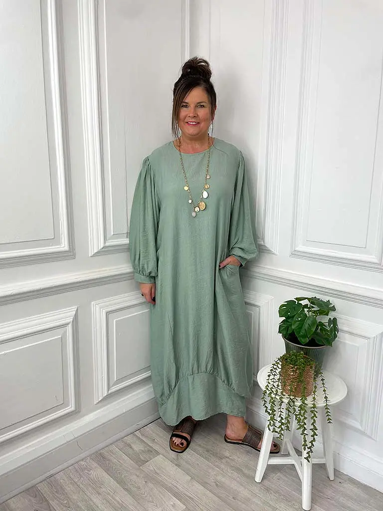 I.D Balloon Sleeve Pocket Maxi Dress - Sage