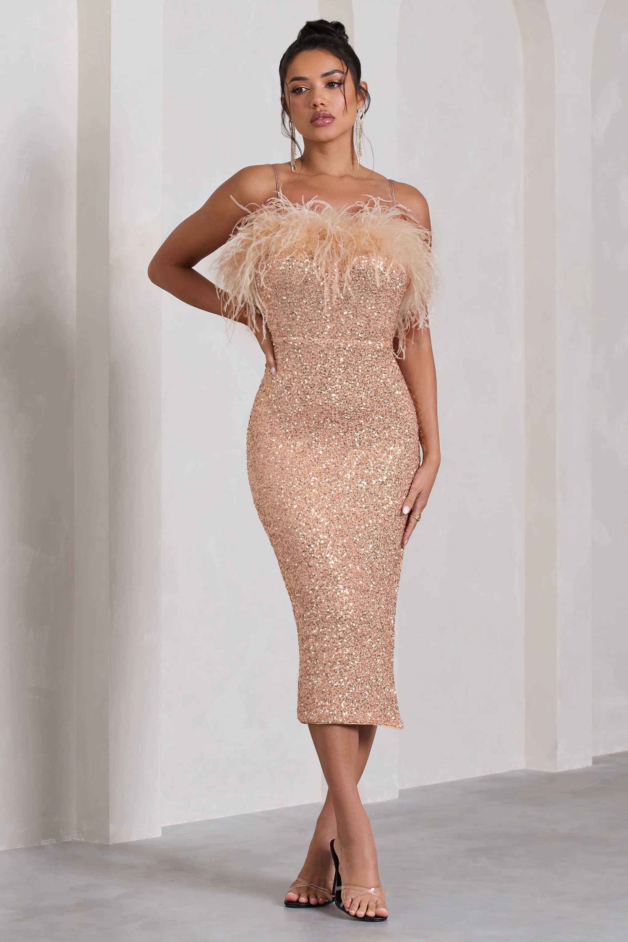 In Your Head | Rose Gold Sequin Strappy Midi Dress With Feathers