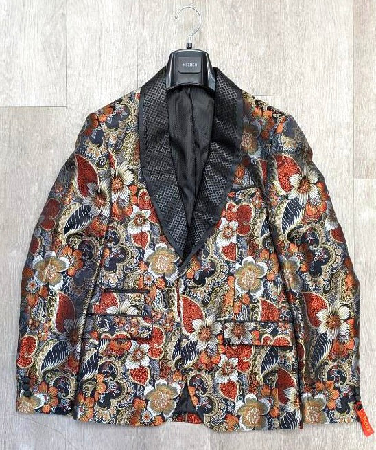 Inserch Floral Jacquard Shawl Collar Blazer  BL201-30 Red