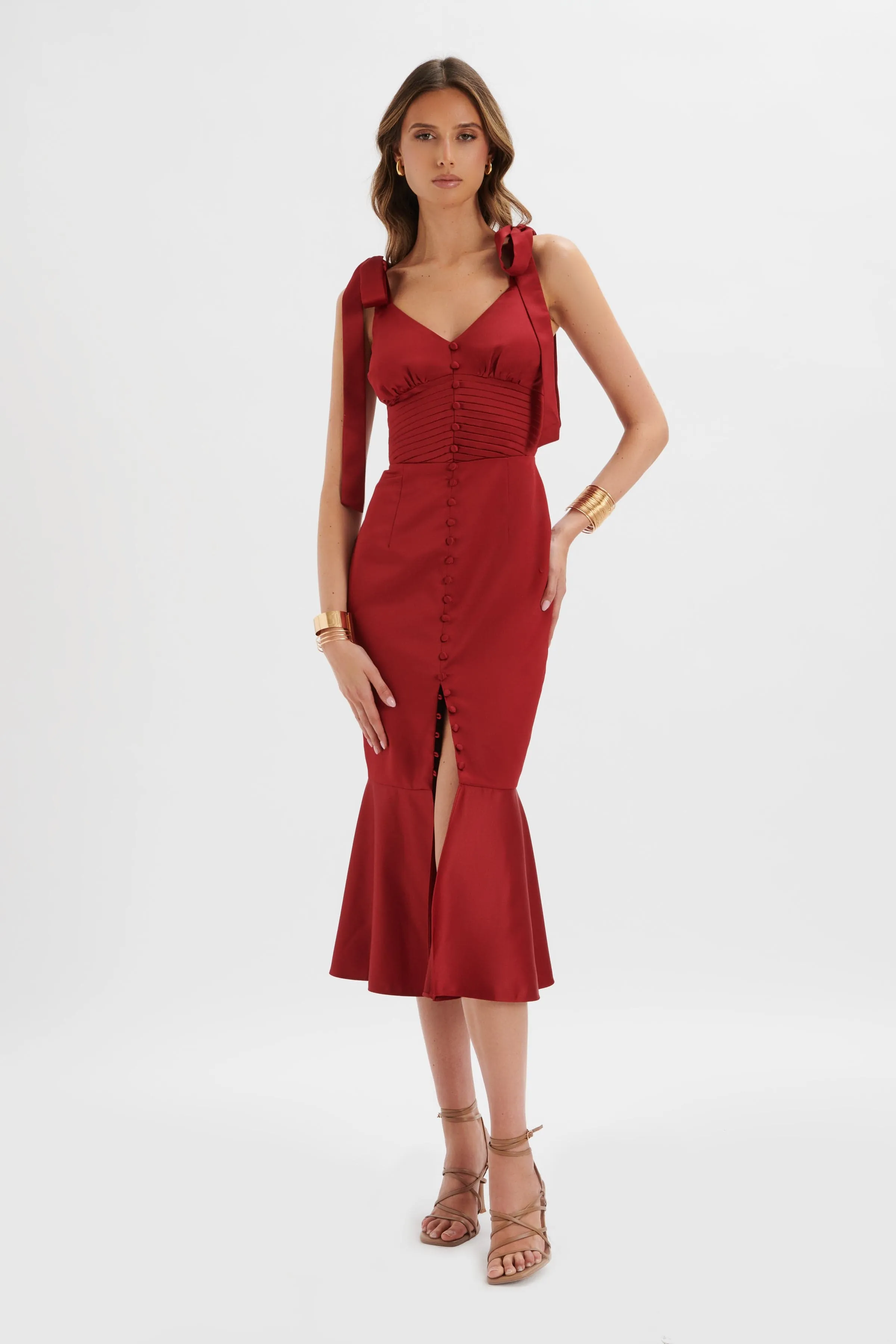 KAMILA Tie Strap Micro Button Satin Midi Dress in Burgundy