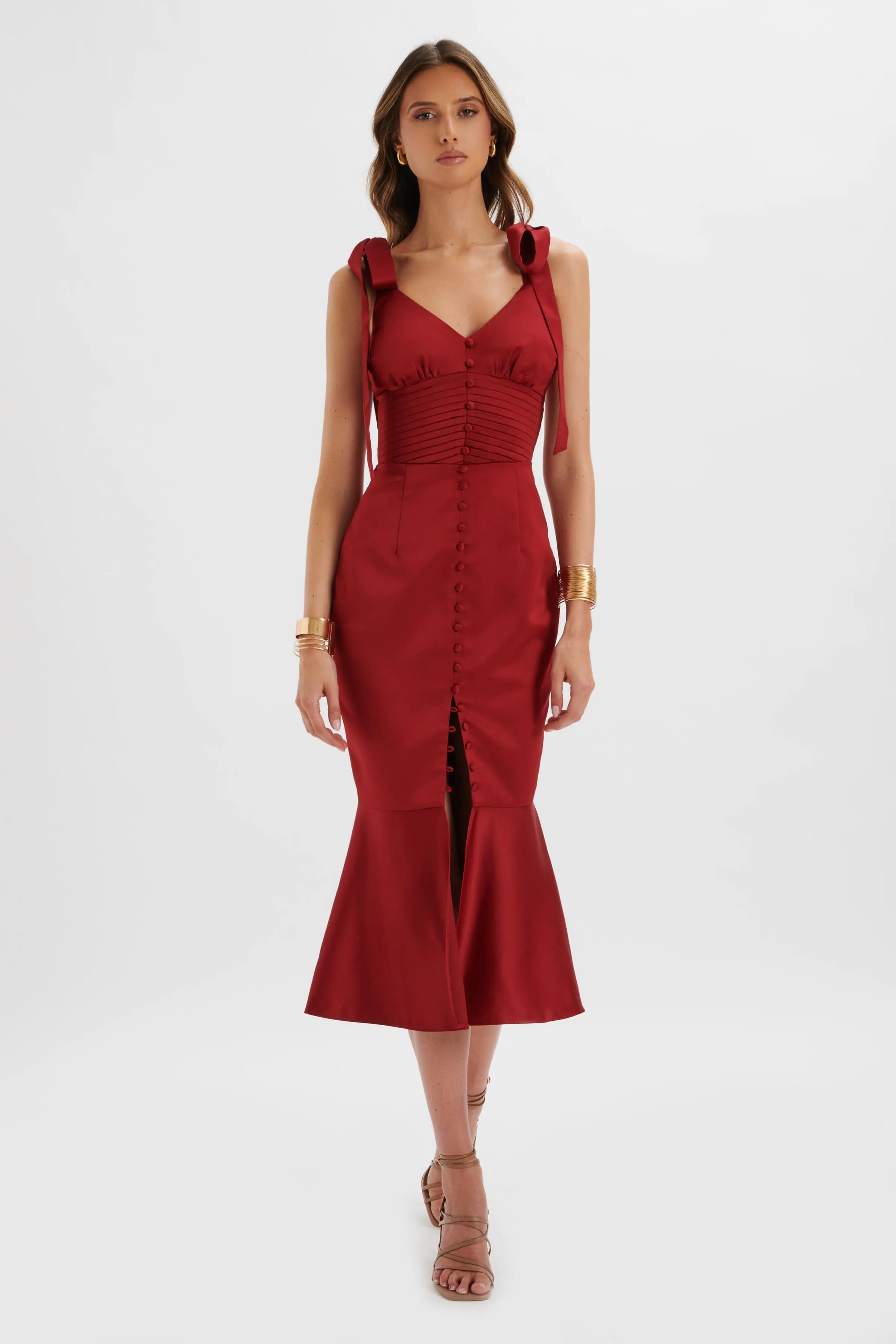 KAMILA Tie Strap Micro Button Satin Midi Dress in Burgundy