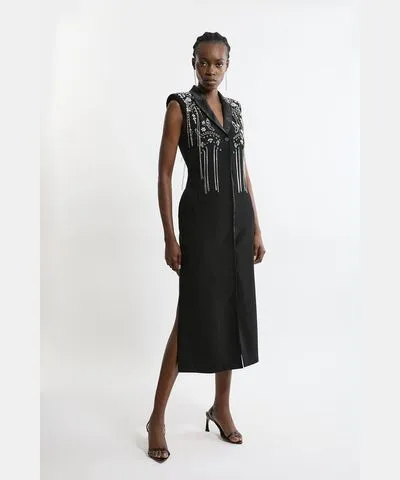 Karen Millen Embellished Detail Plunge Collared Woven Maxi Dress