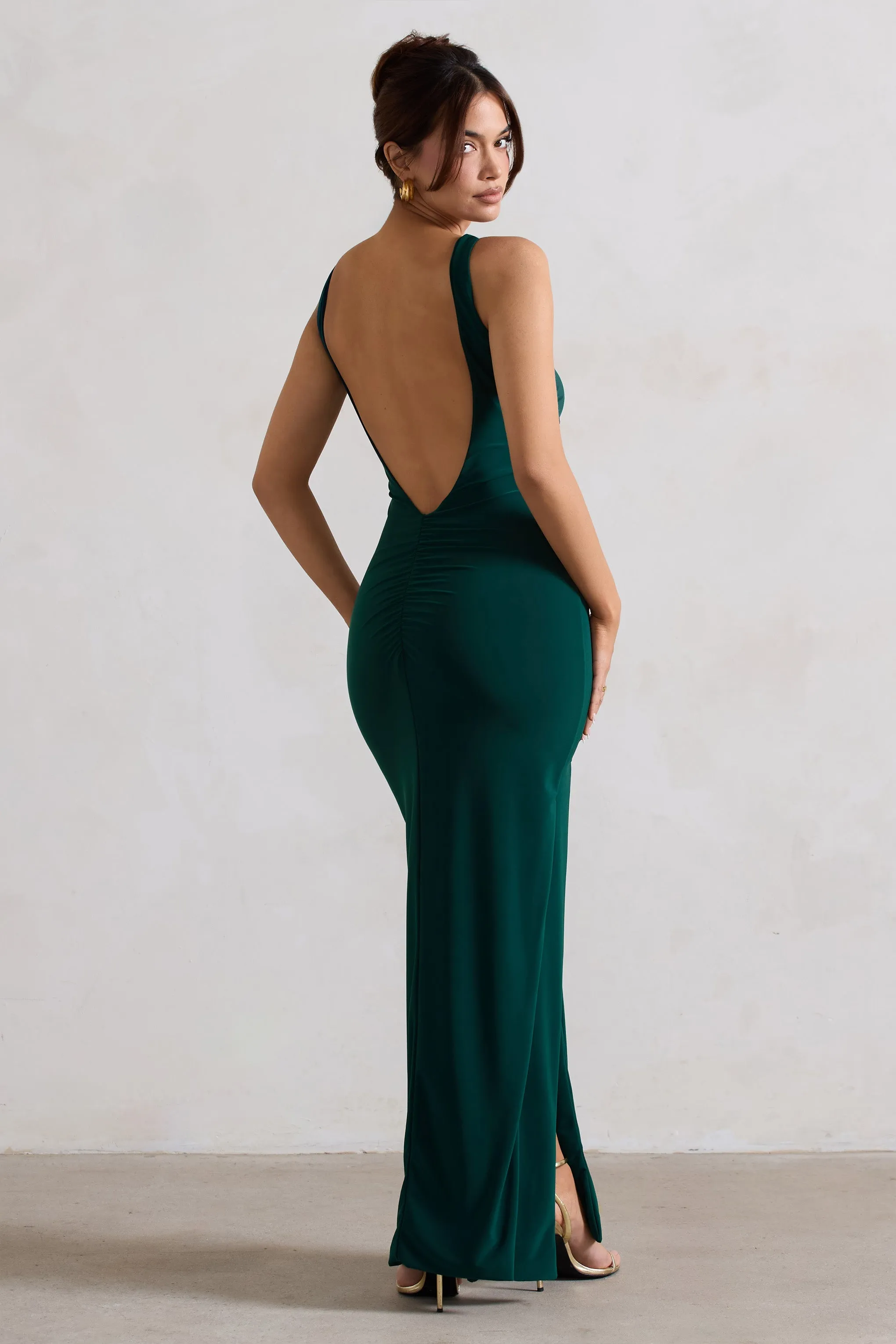 Kate | Bottle Green Square Neck Maxi Dress with Plunge Back and Side Thigh Split