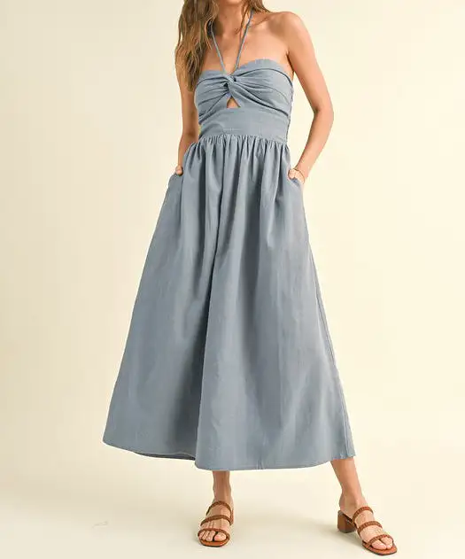 Knotted Front Halter Neck Dress - Blue