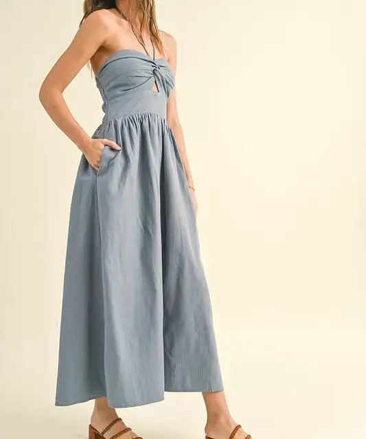 Knotted Front Halter Neck Dress - Blue