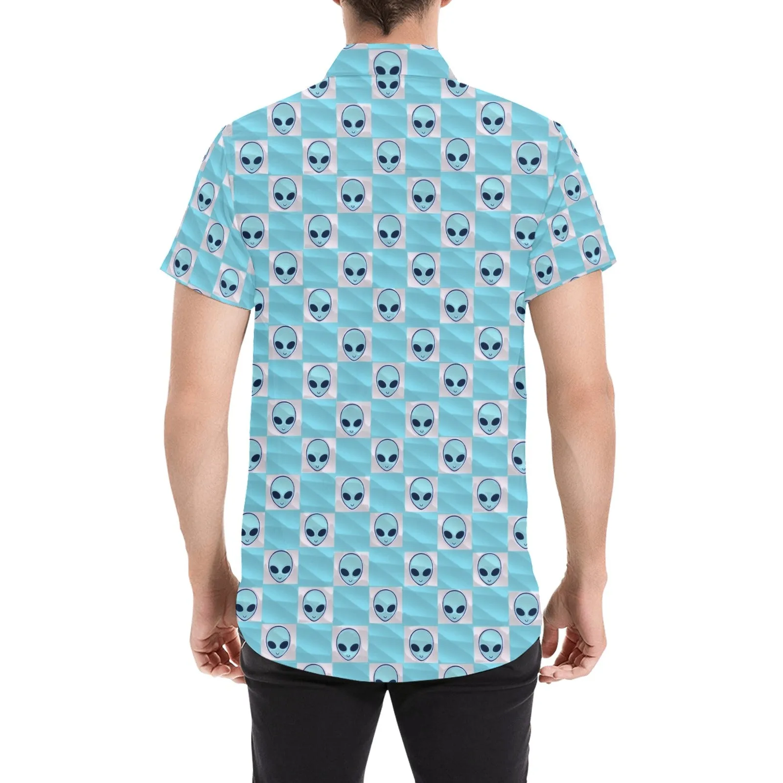 Light Blue Alien Checkered Print Short Sleeve Button Up Shirt