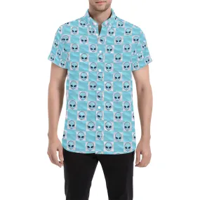 Light Blue Alien Checkered Print Short Sleeve Button Up Shirt