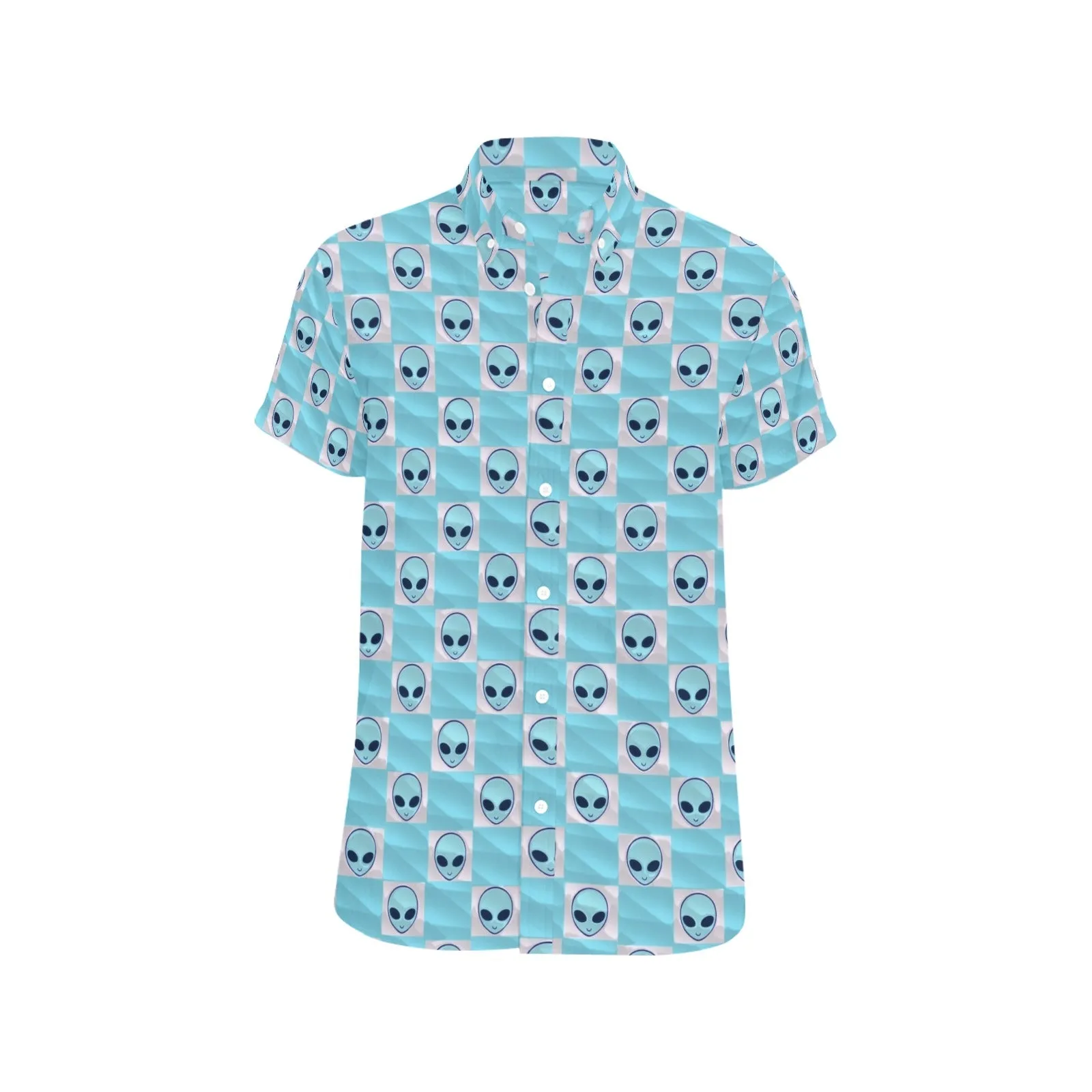 Light Blue Alien Checkered Print Short Sleeve Button Up Shirt