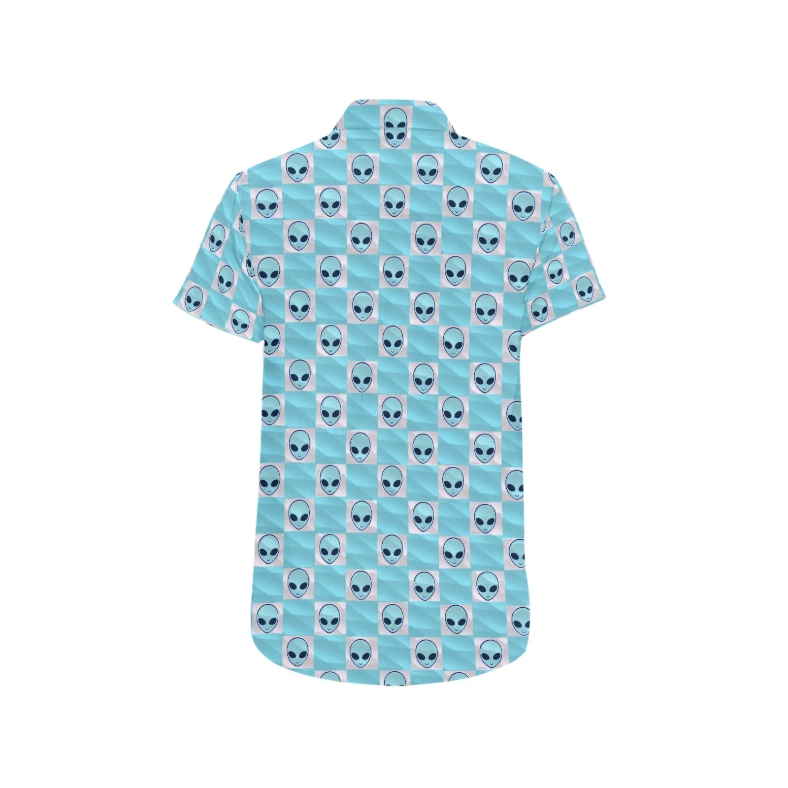 Light Blue Alien Checkered Print Short Sleeve Button Up Shirt