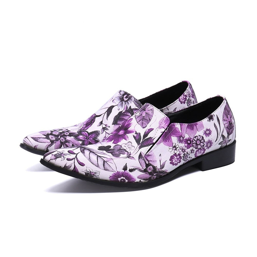 Men's Handmade Flower Printed Pointed Toe Wedding Formal Dress Shoes