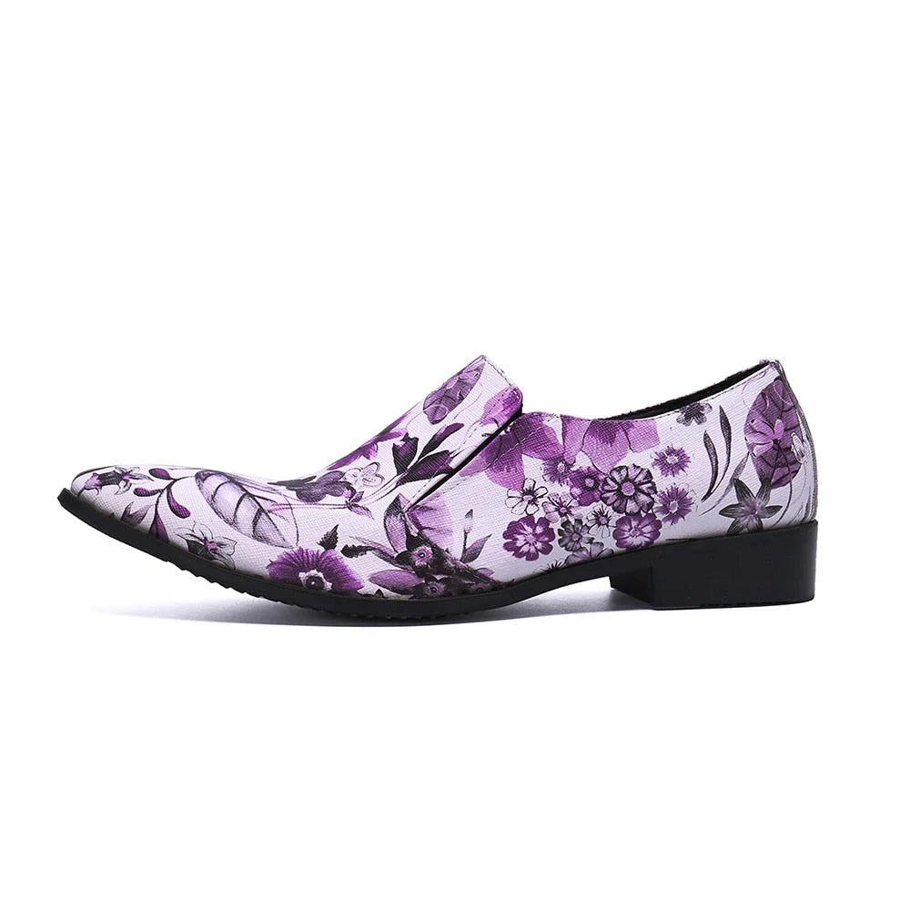 Men's Handmade Flower Printed Pointed Toe Wedding Formal Dress Shoes