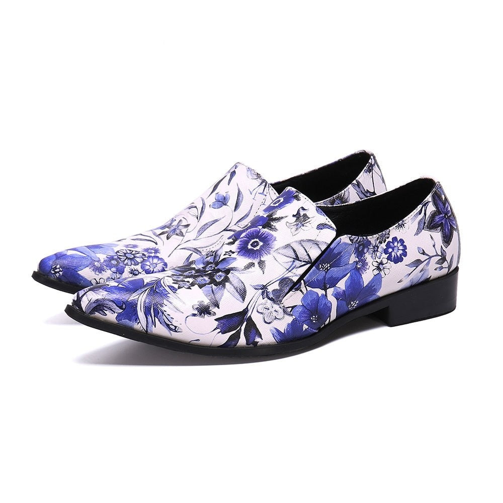 Men's Handmade Flower Printed Pointed Toe Wedding Formal Dress Shoes