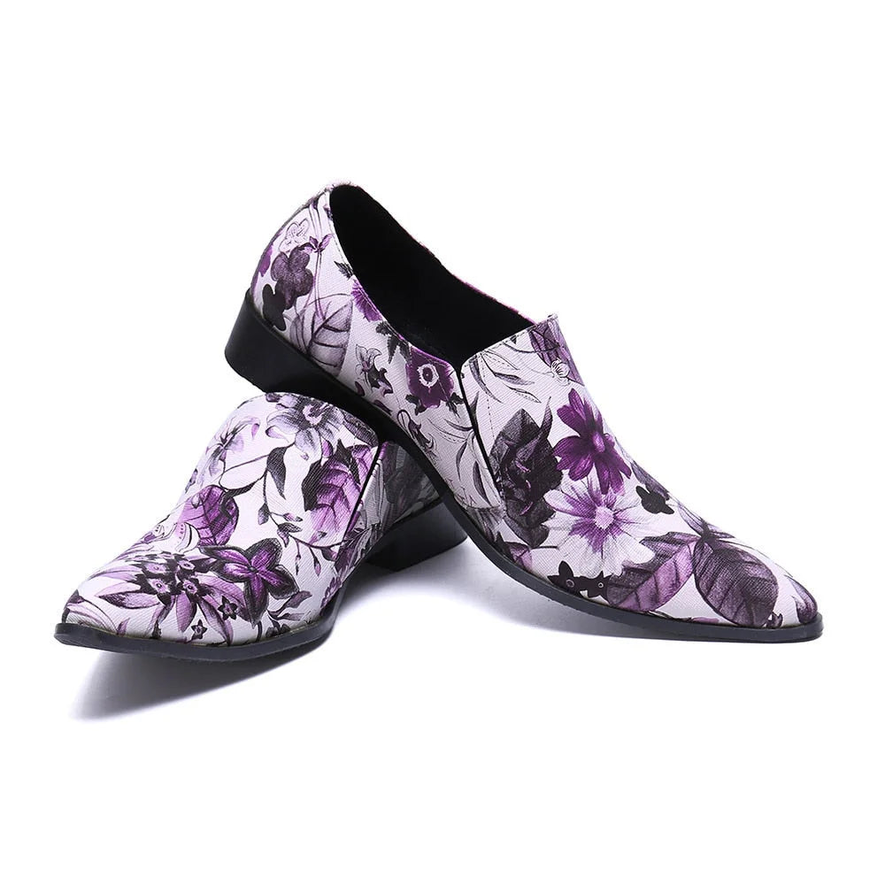 Men's Handmade Flower Printed Pointed Toe Wedding Formal Dress Shoes