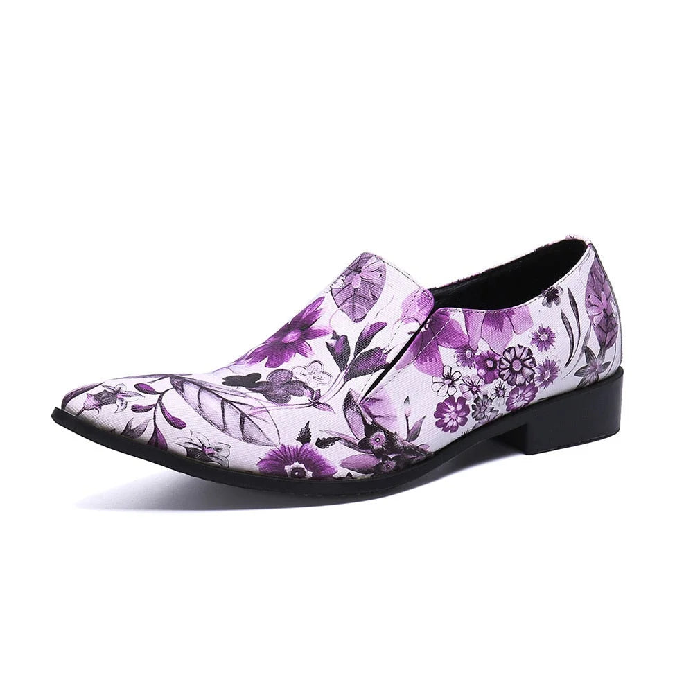 Men's Handmade Flower Printed Pointed Toe Wedding Formal Dress Shoes