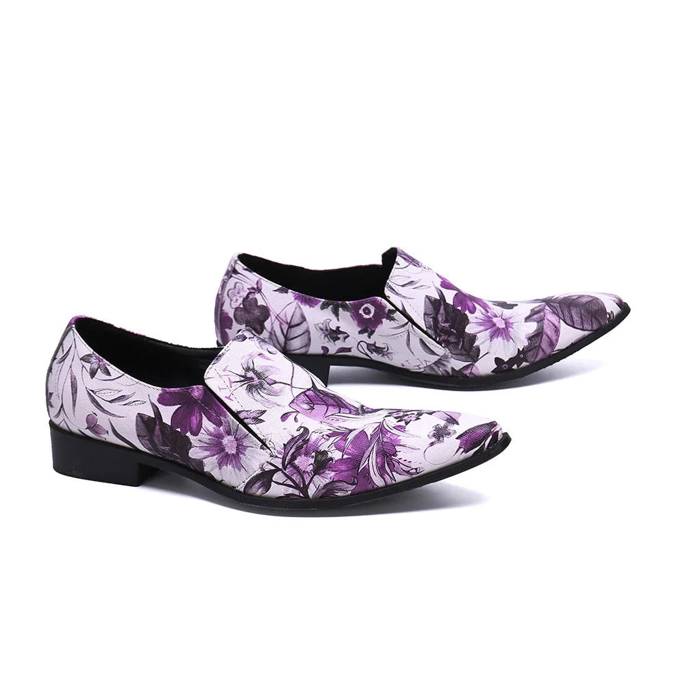 Men's Handmade Flower Printed Pointed Toe Wedding Formal Dress Shoes