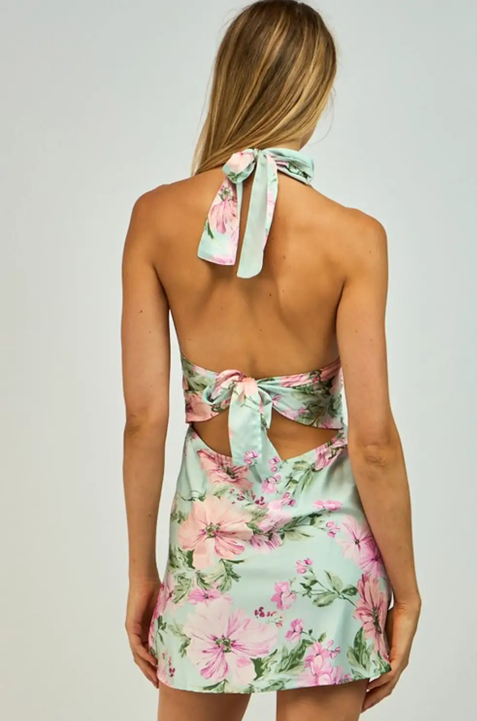 Minty. Floral halter open back waist tie mini dress