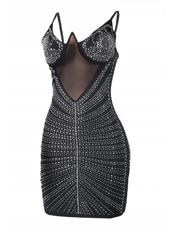 Momnfancy Black Rhinestone Grenadine Spaghetti Strap Corset Bodycon Prom Baby Shower Party Maternity Mini Dress