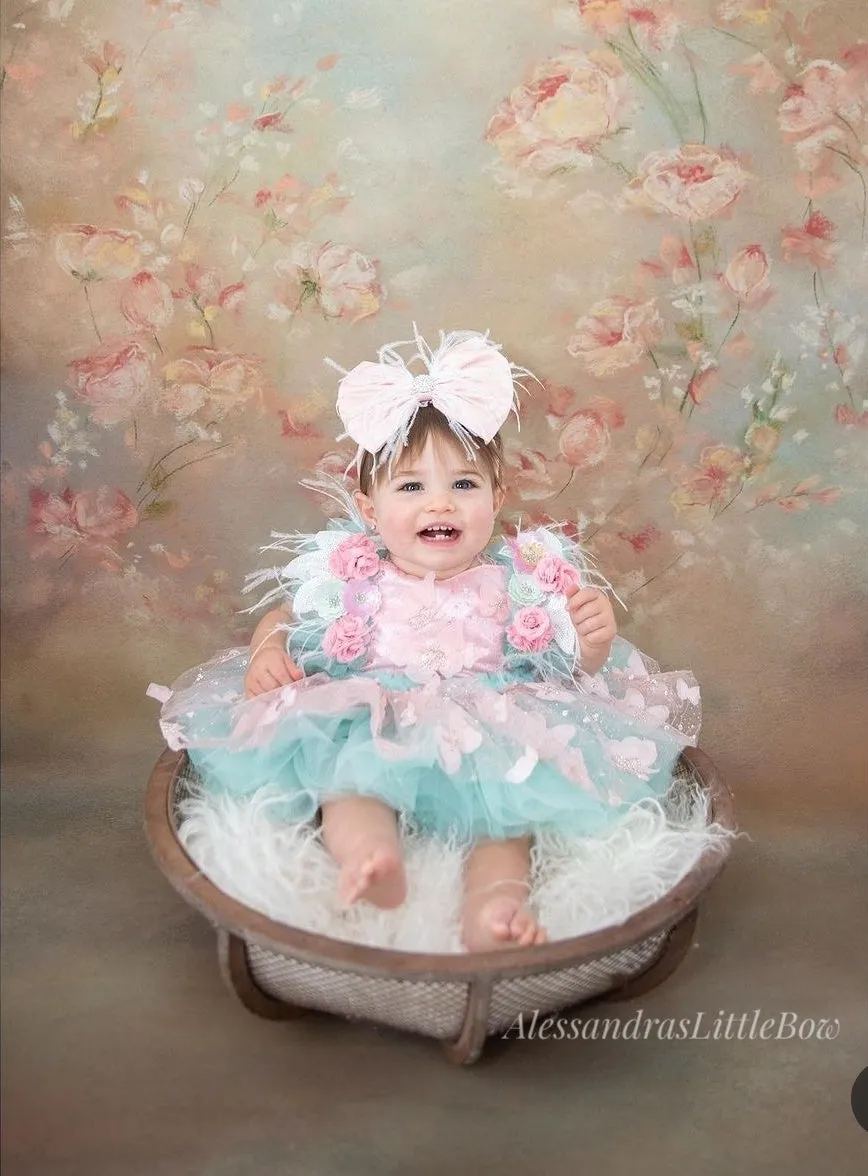 Pink and aqua beaded butterfly Couture Romper