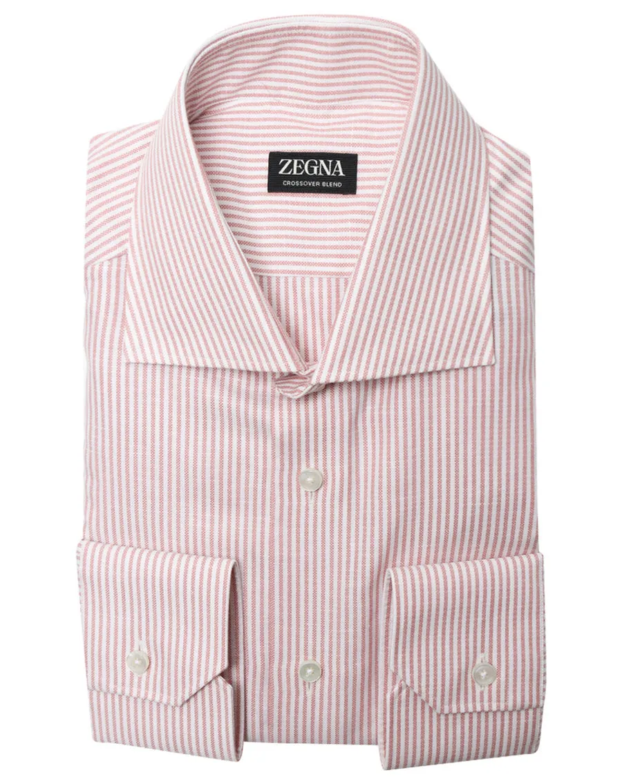 Pink and White Striped Crossover Blend Dress Shirt