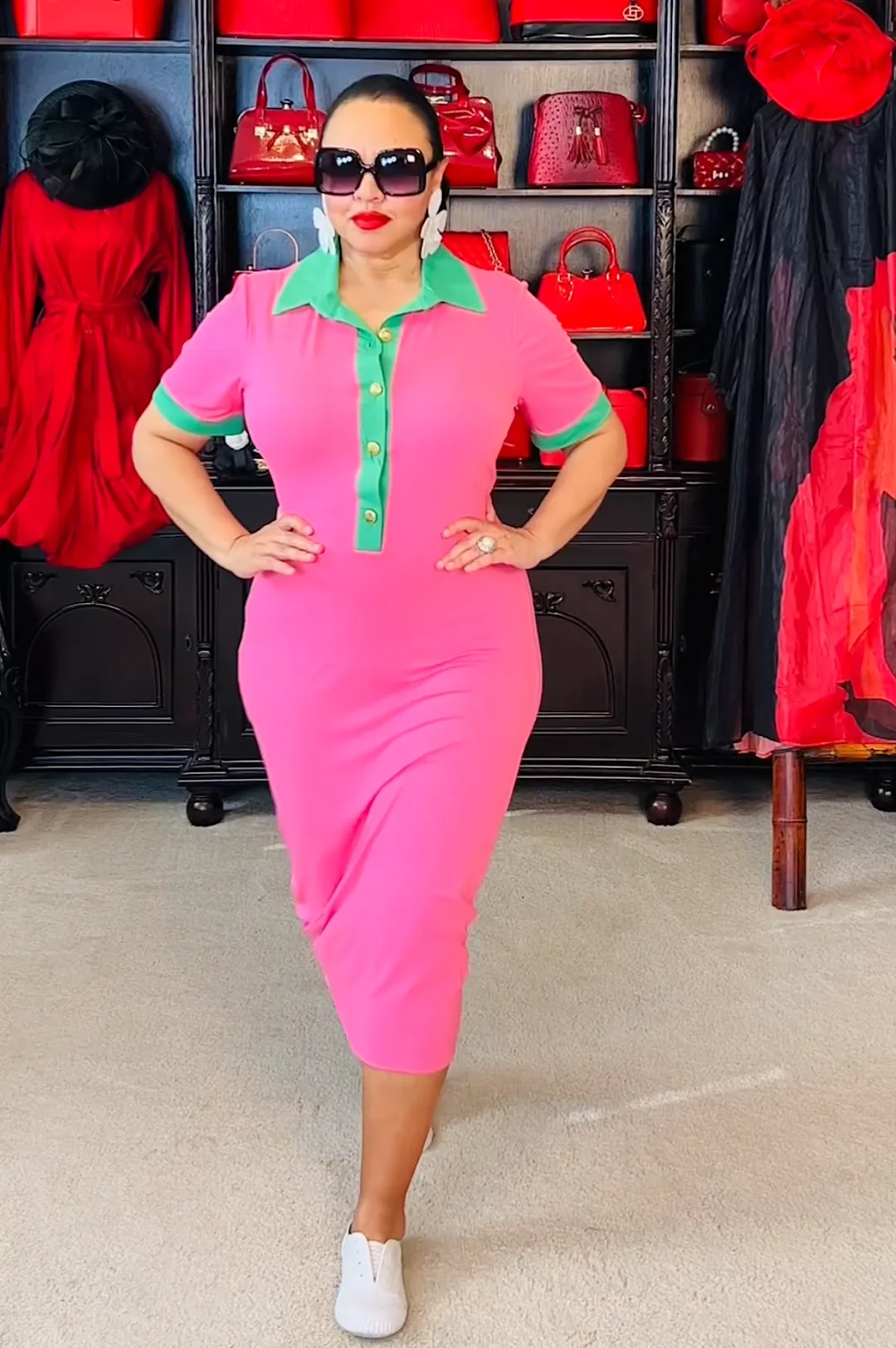 Pink Green Form Fitting Midi Dress