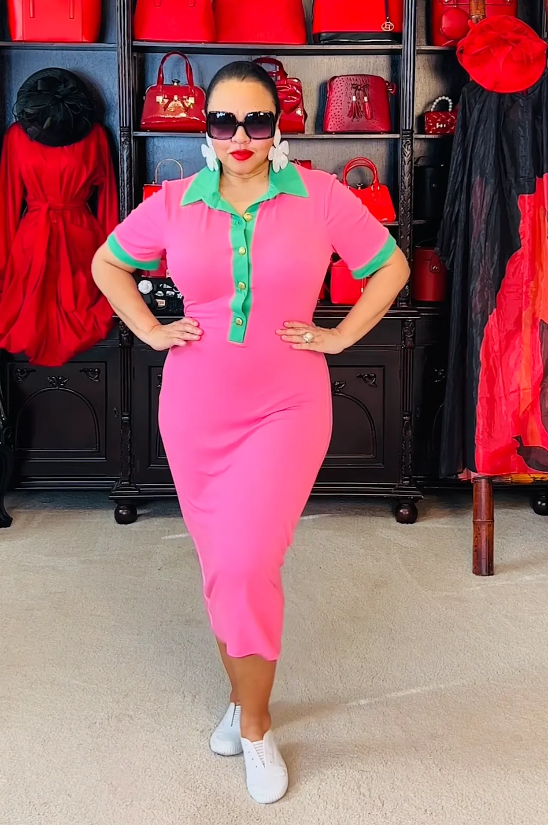 Pink Green Form Fitting Midi Dress