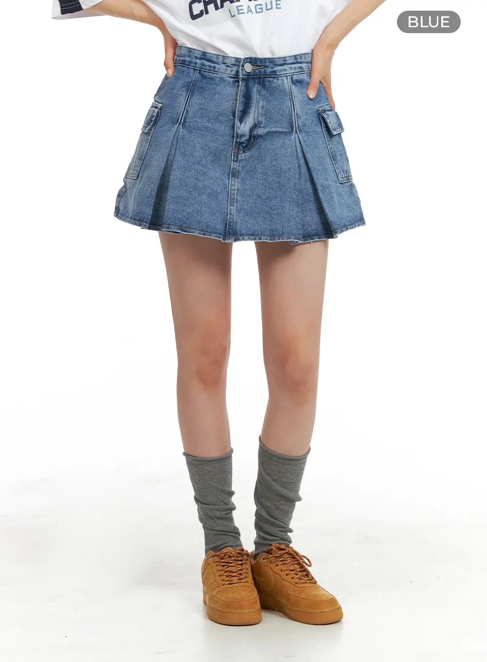 Pleated Denim Cargo Mini Skirt OM418