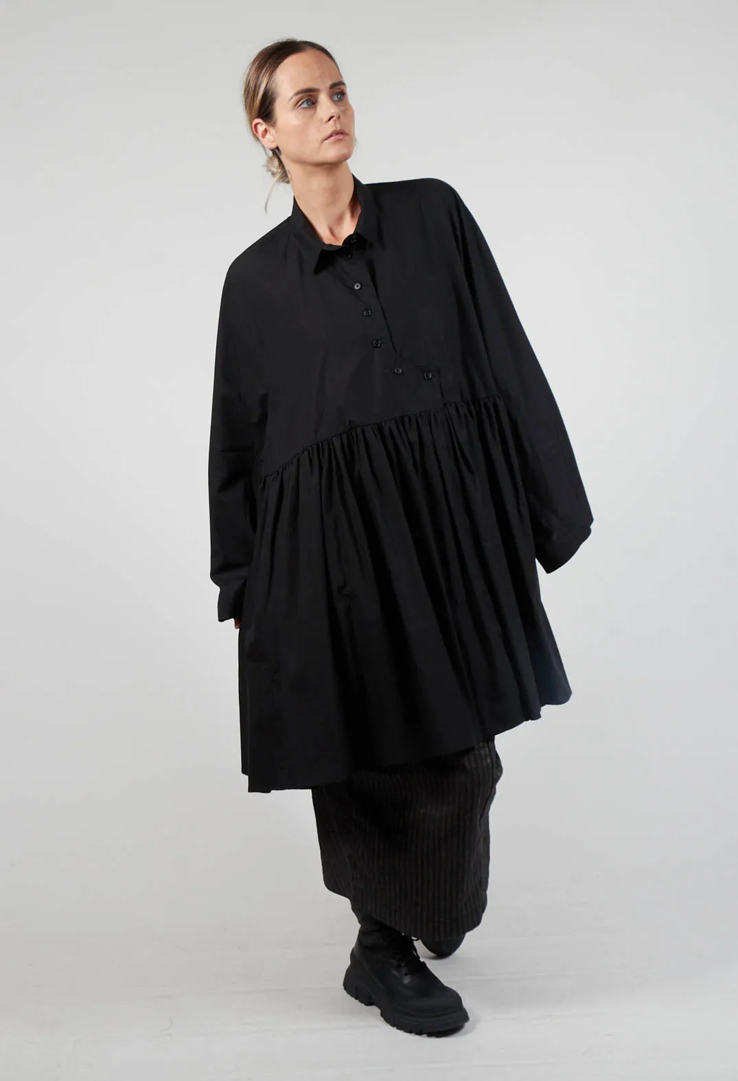 Pleated Shirt Dress in Black