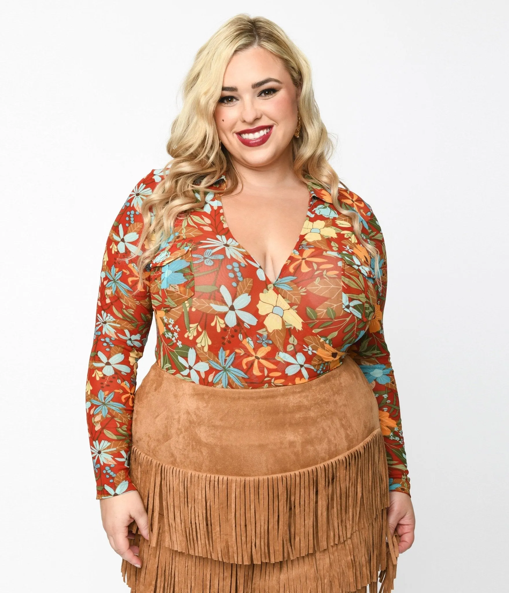 Plus Size Red & Multicolor Floral Collared Surplice Bodysuit