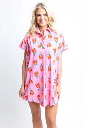 Poplin Poppy Vneck Shirt Dress