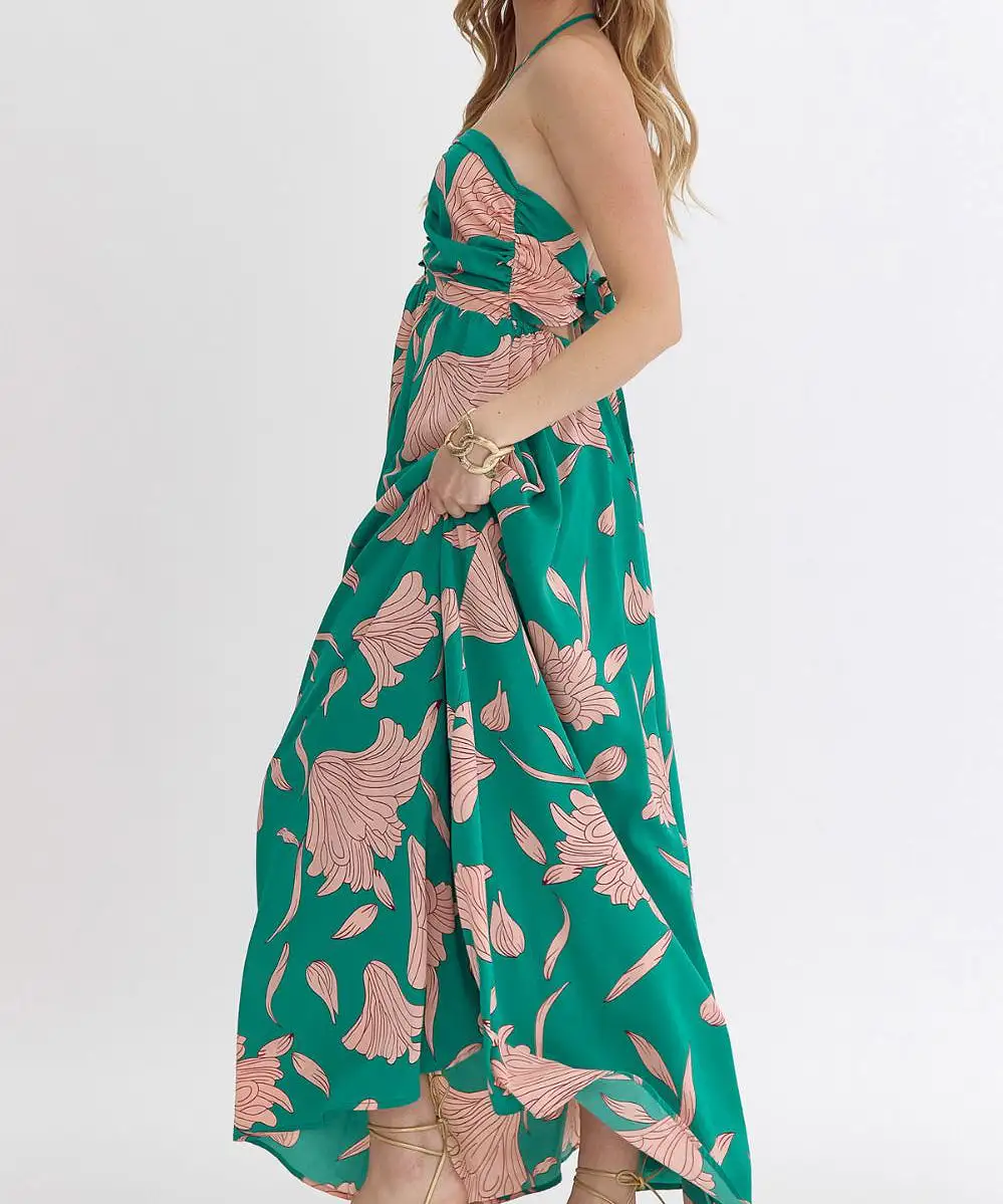 Printed Halter Neck Maxi Dress  Green