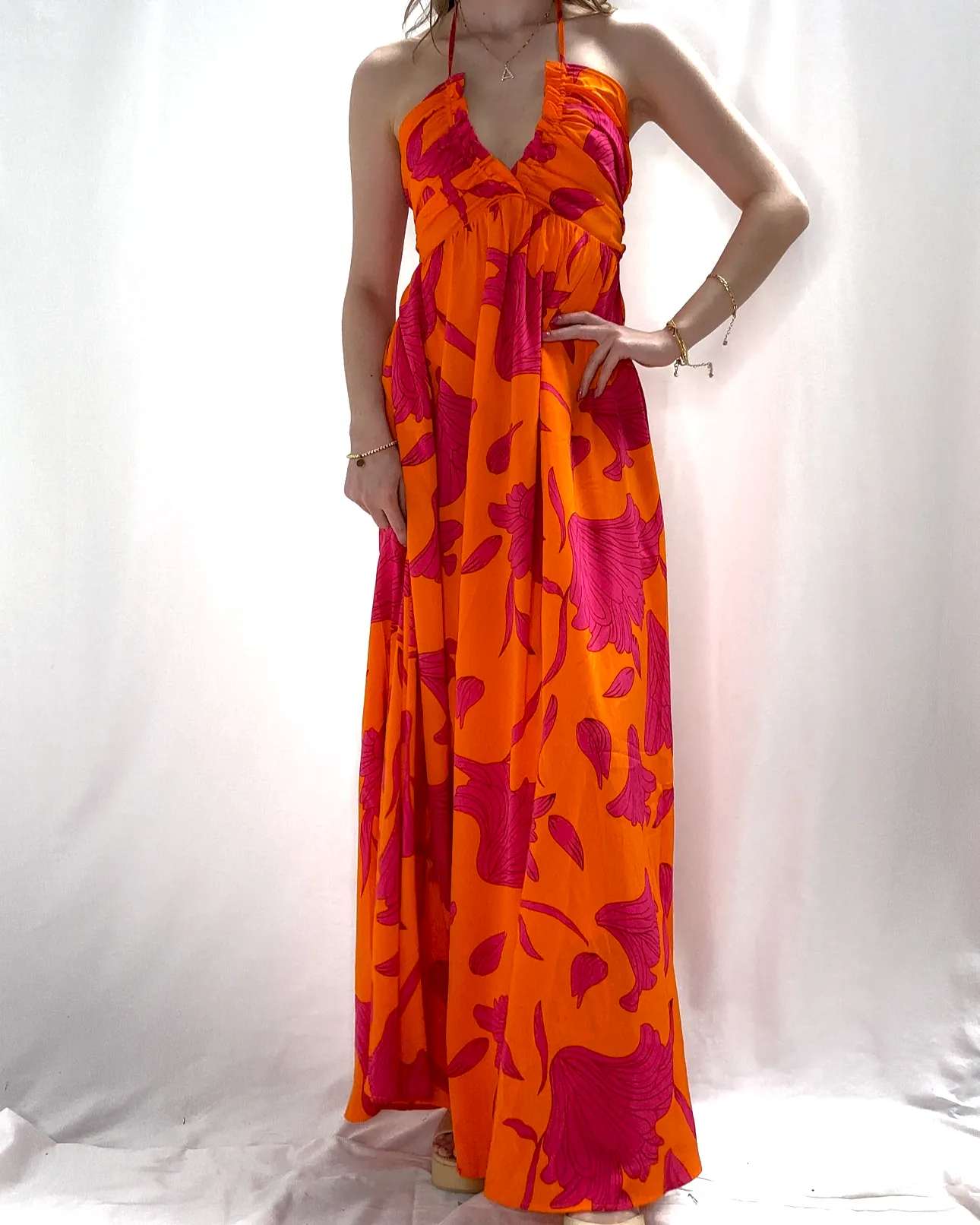 Printed Halter Neck Maxi Dress - Orange