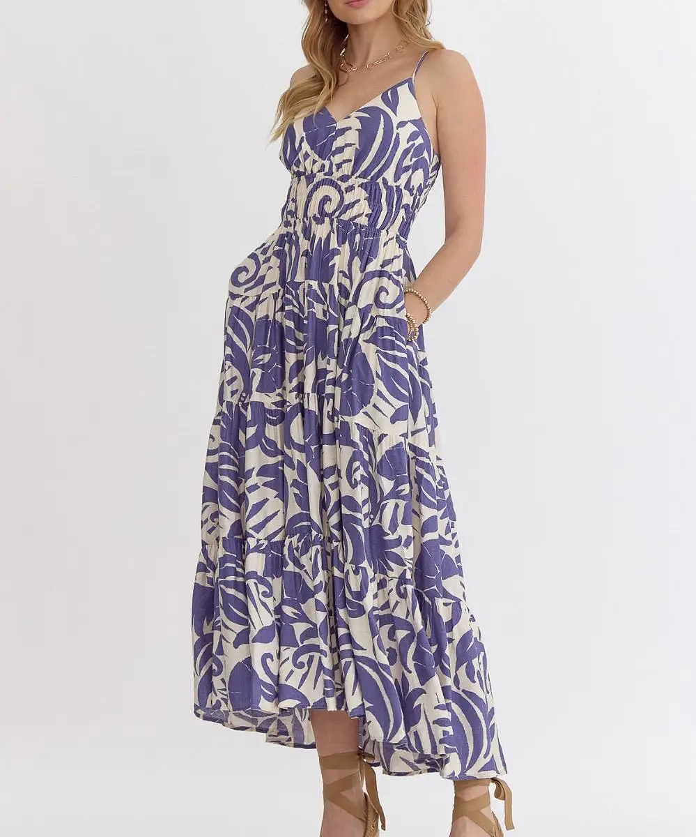 Printed V-Neck Dress - Blue