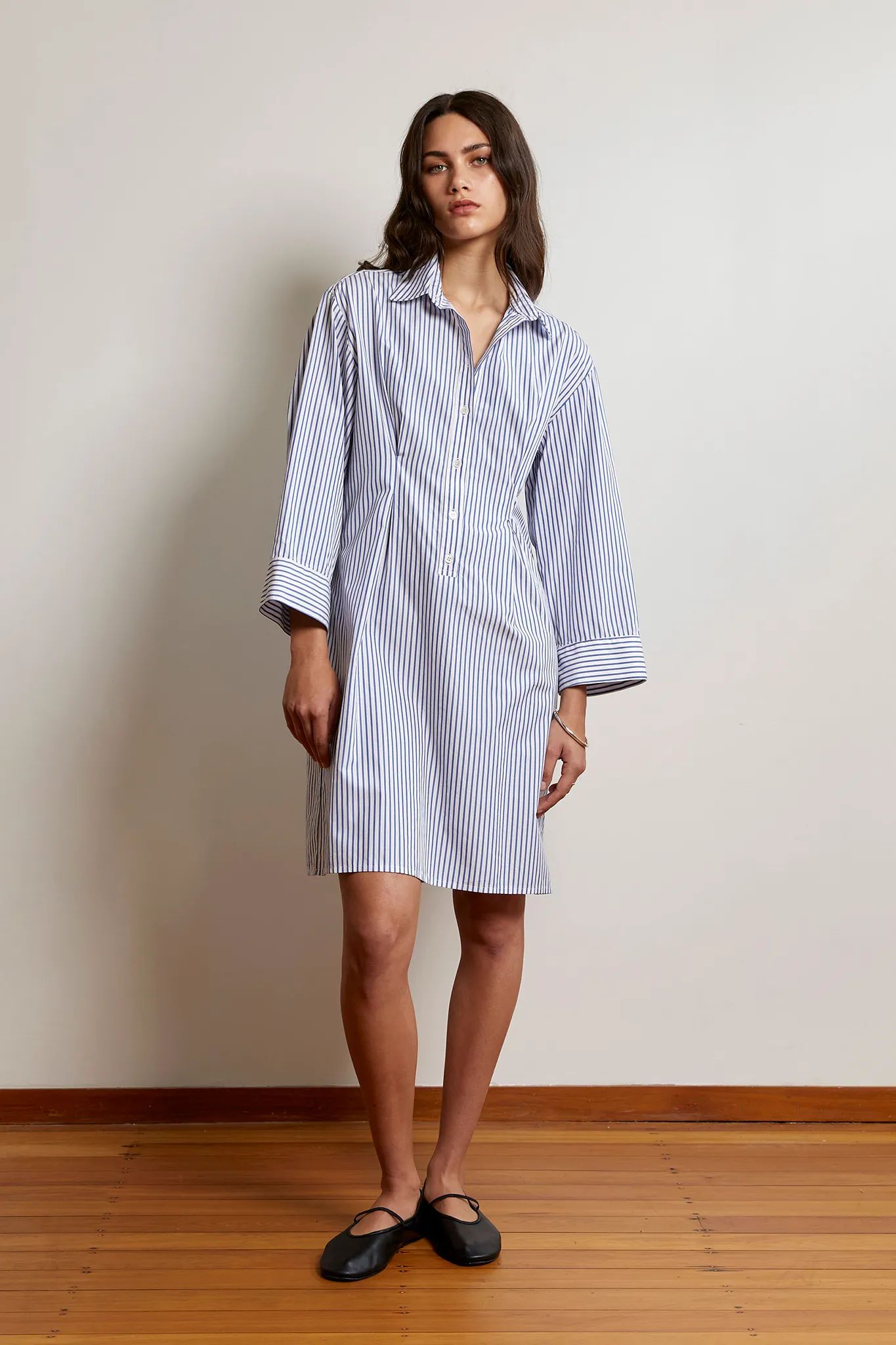 Pullover Shirt Dress | Cotton Stripe | Dark Blue + White