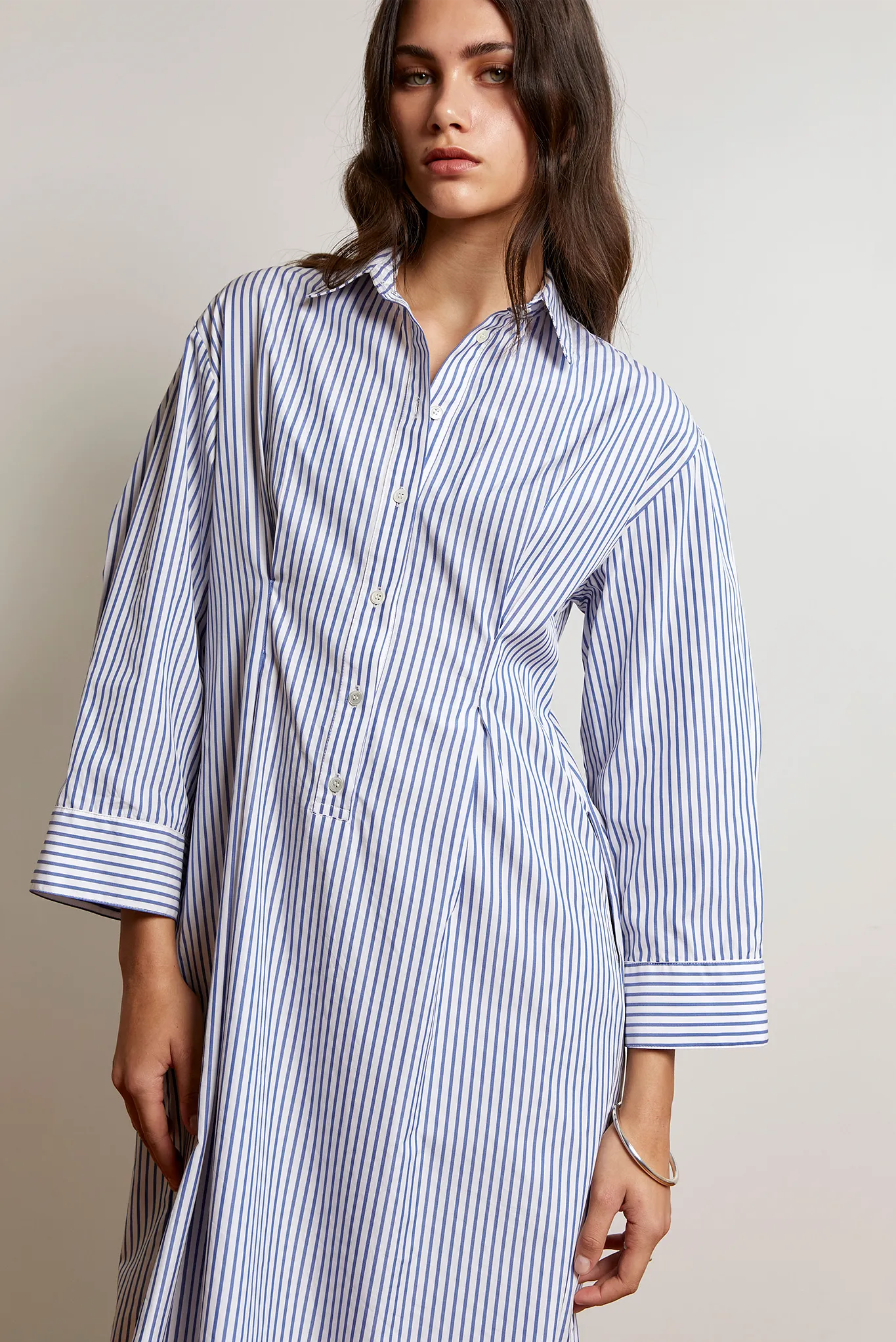 Pullover Shirt Dress | Cotton Stripe | Dark Blue + White