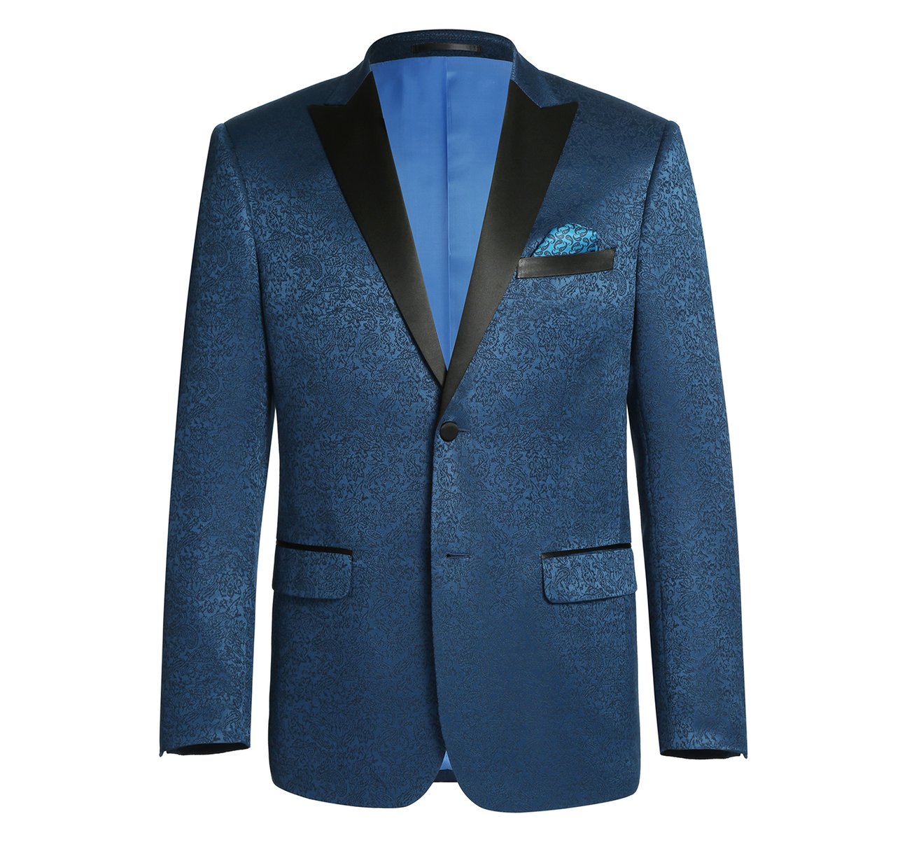 RENOIR Dark Blue Slim Fit Peak Lapel Tuxedo Blazer With Embroidered Pattern 290-4