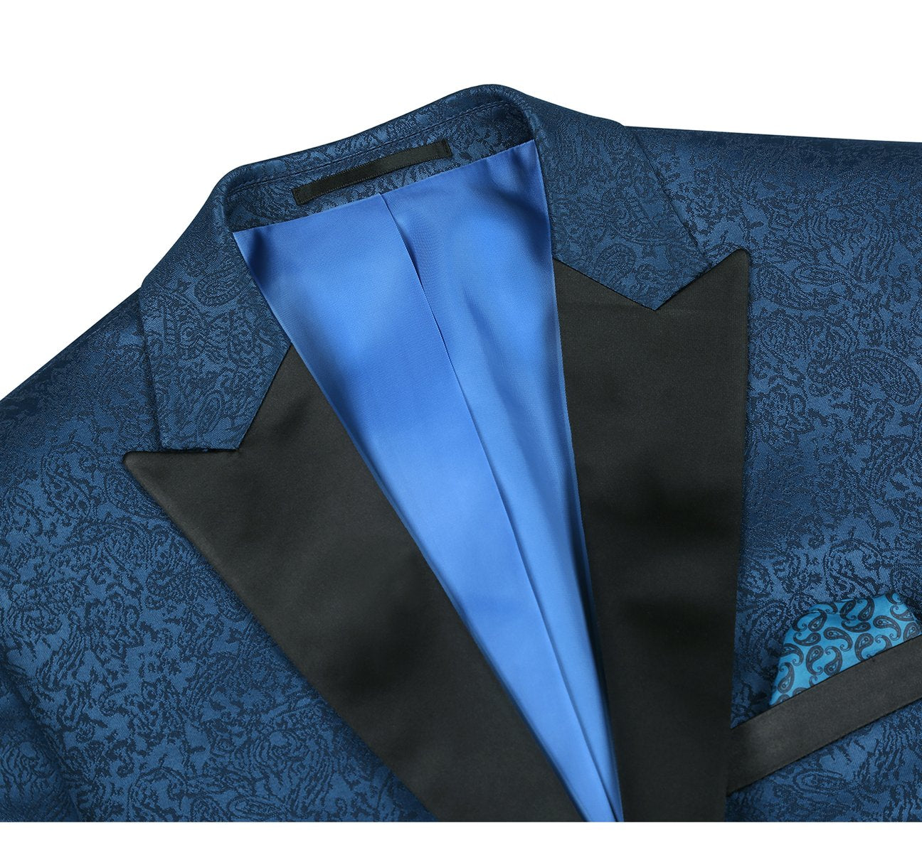 RENOIR Dark Blue Slim Fit Peak Lapel Tuxedo Blazer With Embroidered Pattern 290-4