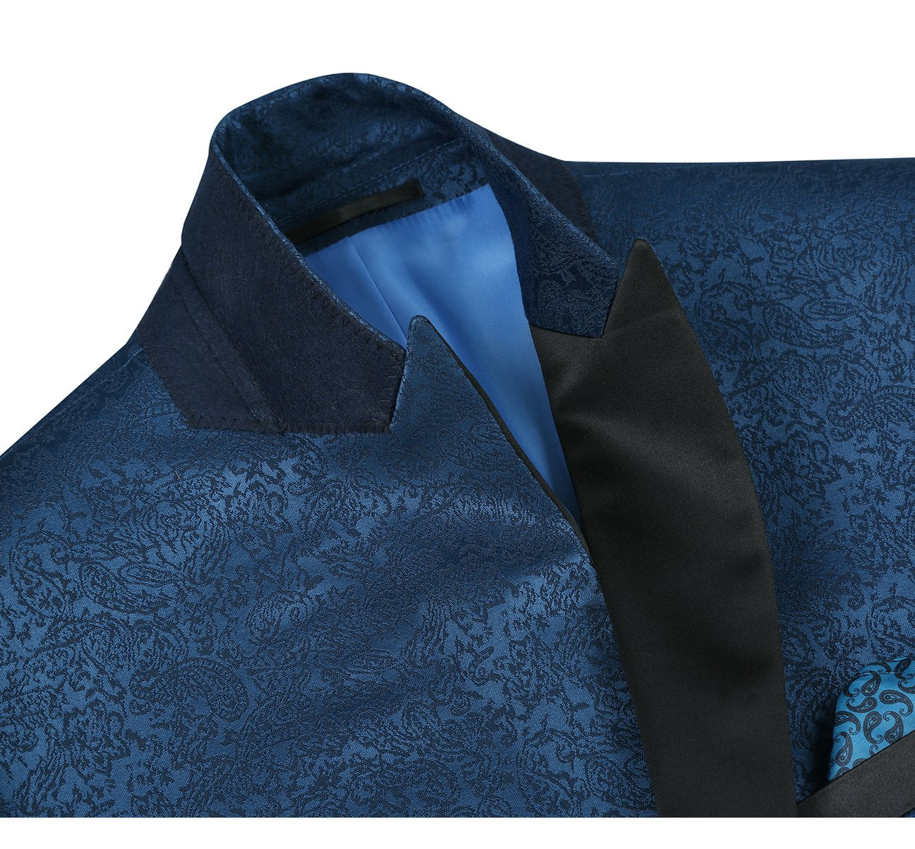 RENOIR Dark Blue Slim Fit Peak Lapel Tuxedo Blazer With Embroidered Pattern 290-4