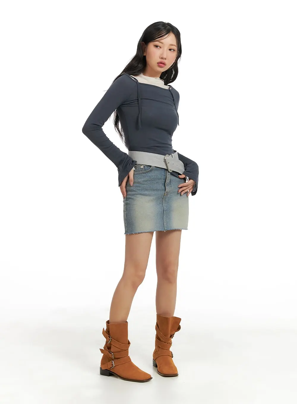 Ripped Hem Denim Mini Skirt CM421