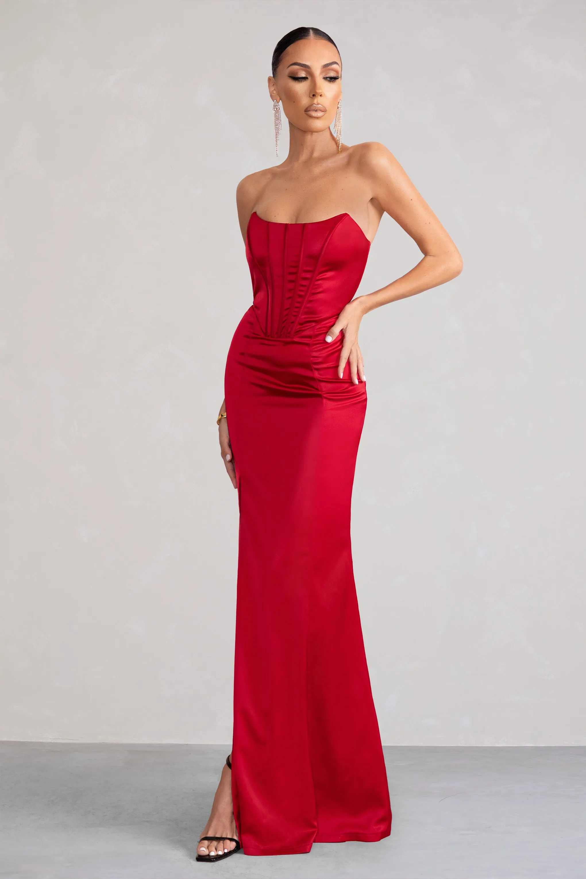 Sensual Notes | Red Satin Strapless Corset Thigh Split Fishtail Maxi Dress