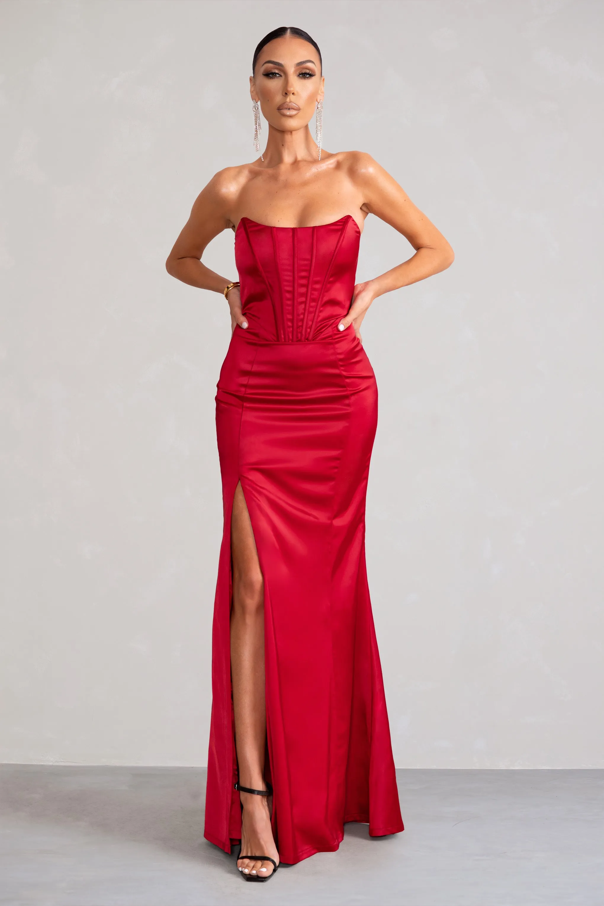 Sensual Notes | Red Satin Strapless Corset Thigh Split Fishtail Maxi Dress