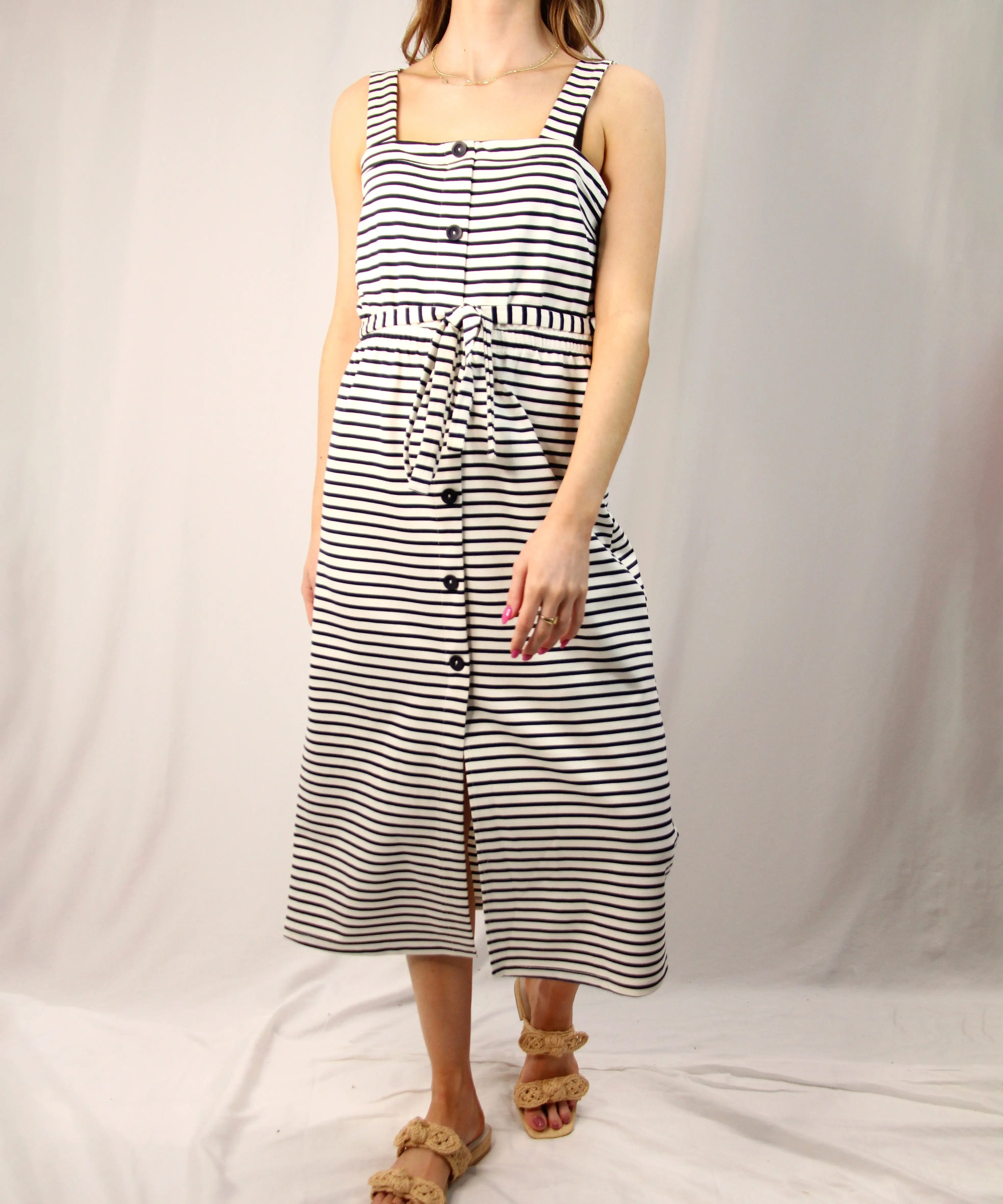 Sleeveless Button Down Dress - Navy/White Stripe